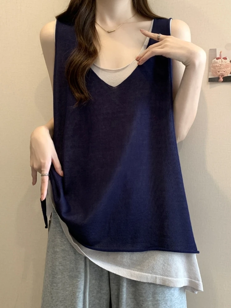 

Fashionable Ice Silk Knitted Strap Vest Women Summer Outerwear plus Size Slimming Design Sense Stylish Airy Appearances Fake ...