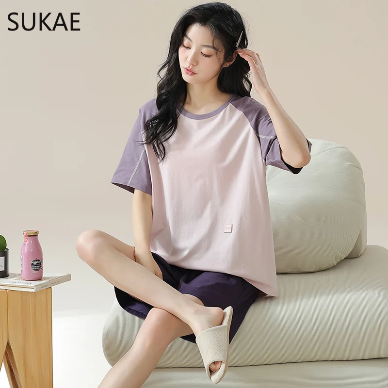 SUKAE Summer Women Shorts Cotton Nightwear Short Sleeves Pullover Leisure Lady Sleepwear Casual Pijamas Set Chic Woman Pajamas