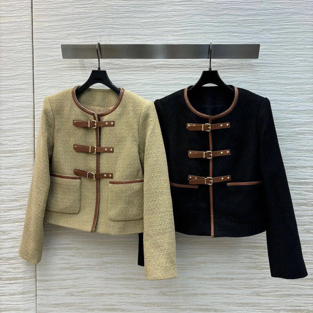 

2024 New Autumn Vintage Rider Style PU Leather Buckler Buttons Tweed Jacket Women O-neck Long Sleeve Short Design Sweet Coat