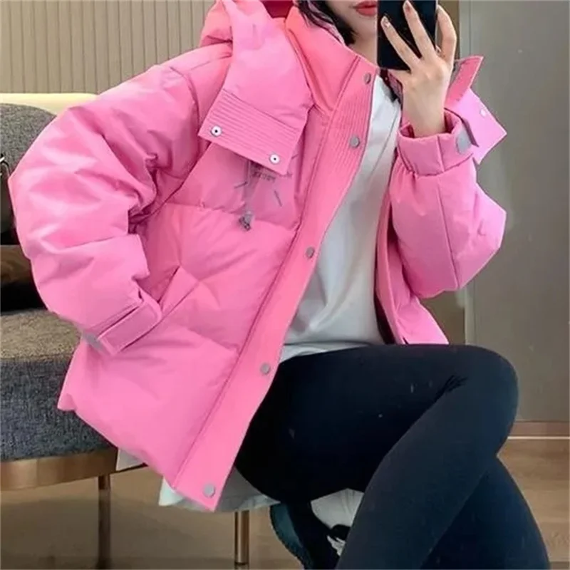 2025 hiver Parkas femmes col montant veste à capuche décontracté épaissir chaud solide coton rembourré veste ample bouffant manteau