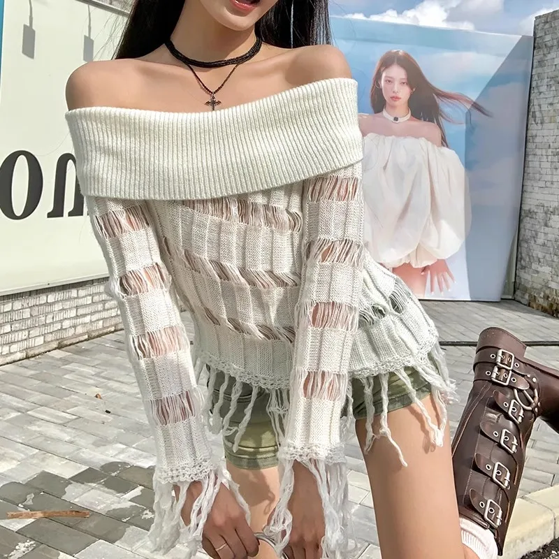 Sexy Lady Top for Autumn Long Sleeve Shoulderless Tassel Hem Hollow Out Knitting Pullovers Sweet Female Irregular Sweater Top