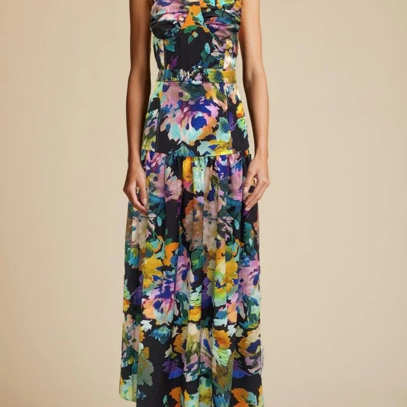 

Elegant Commuter Strap Printed Dress with High Waist Belt A-line Dress Elegant Long Dress