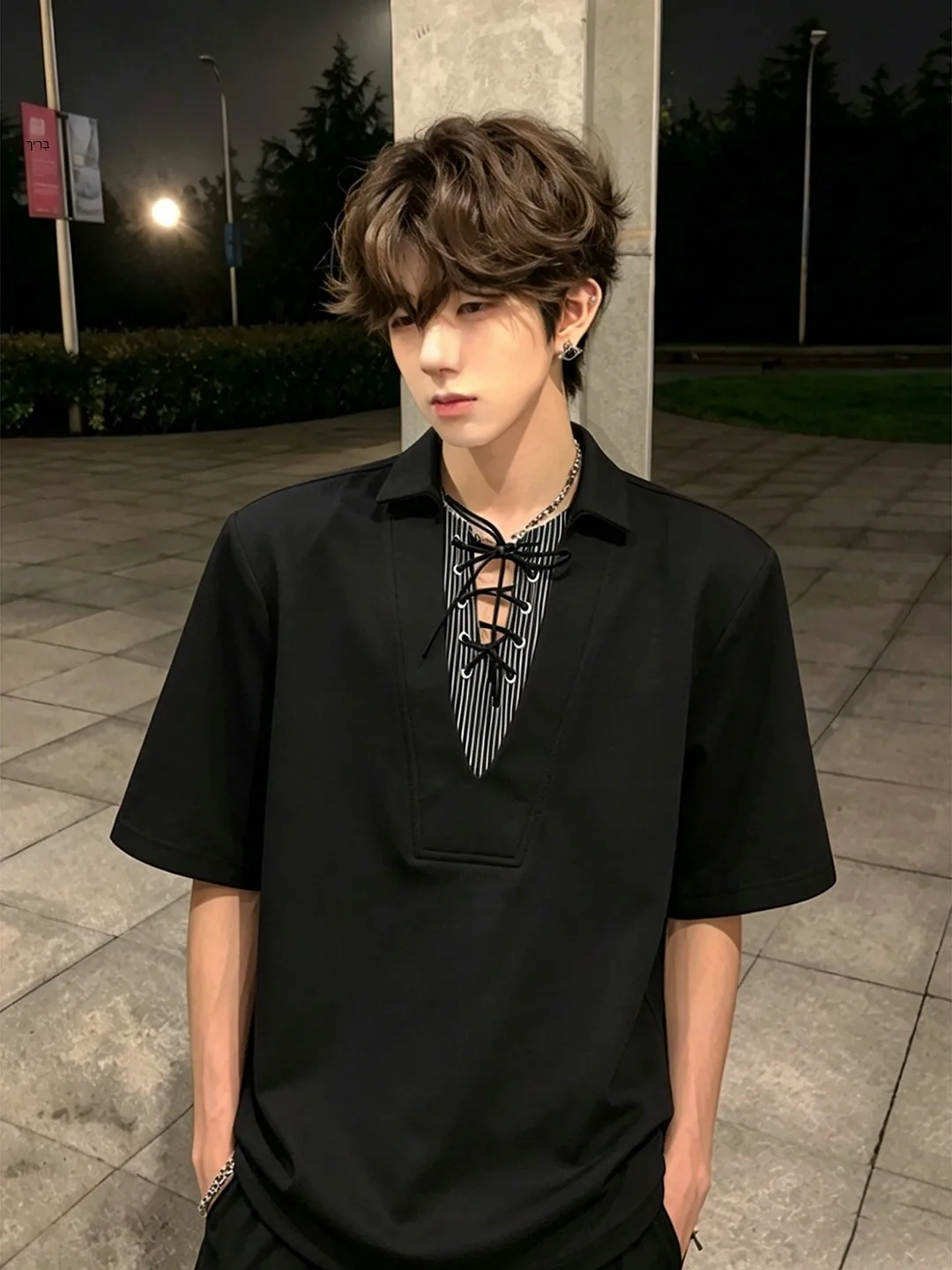 Shoulder Pad Fake Two-Piece V-Neck Short Sleeve Men's Summer T-Shirt CleanFit  Hair Stylist Casual Loose Fit Breathable