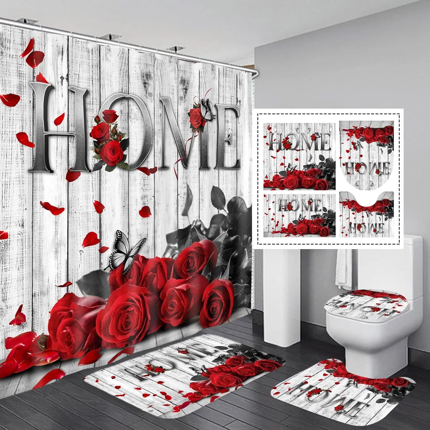 

Red Rose 4 шт. Наборы занавесок для душа Rose Home Sweet Home Наборы для ванной комнаты с нескользящими ковриками, крышкой для унитаза, ковриком для ванной, занавеской для душа