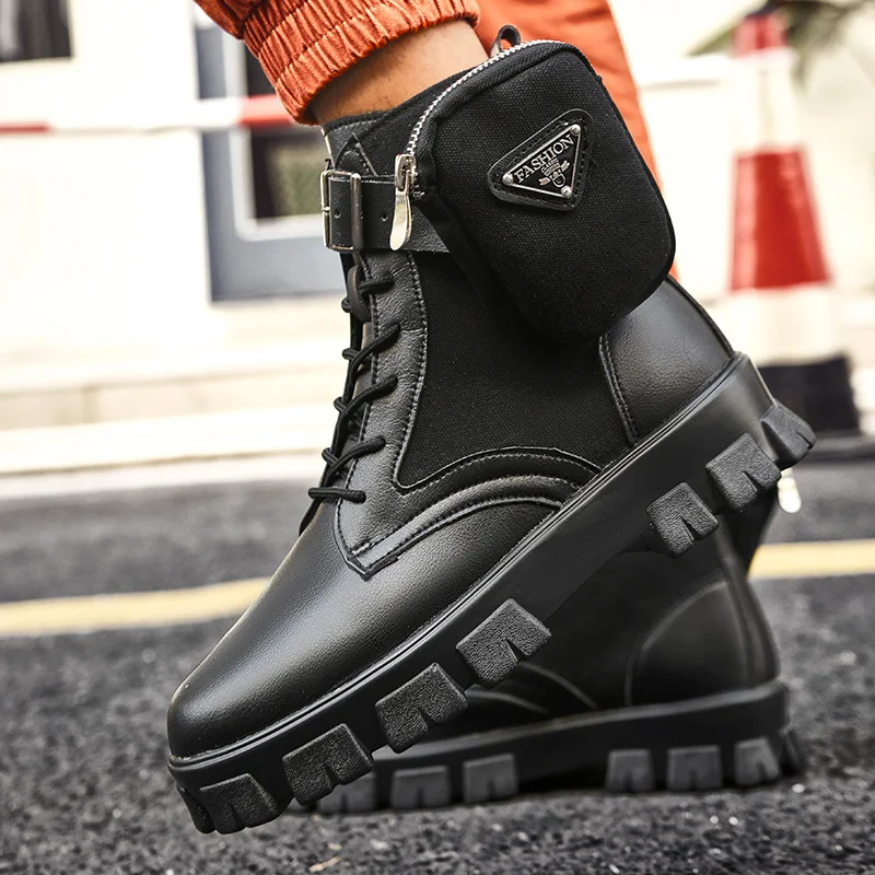 Punk Style Men\'s White Boots Leather Pocket Design Men Platform Boots Comfortable Lace-up Men Black Ankle Boots Botines Hombre