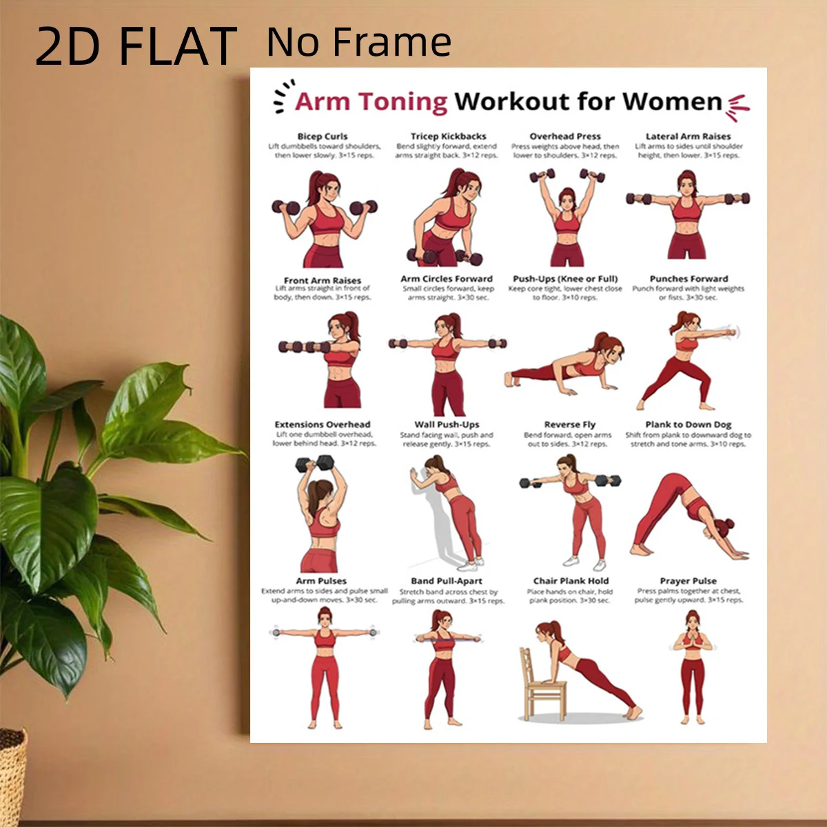 2D Flat, 2D Flat No Frame Arm Workout Dumbbell Exercise Chart, Women's Leg Workout, Glute and Hip Workout Lower Body Exercise