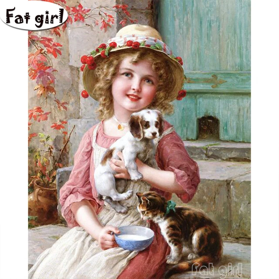 Cute Little Girl And Dog Diamond Painting Portrait Wall Art Embroidery American Style Picture Animals Cat Living Room Home Decor