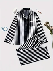 Elegant Striped Polyester Pajama Set for Women with Lapel Collar, Long Sleeve Button-Up Top, and Long Pants, Fall/Winter Woven S