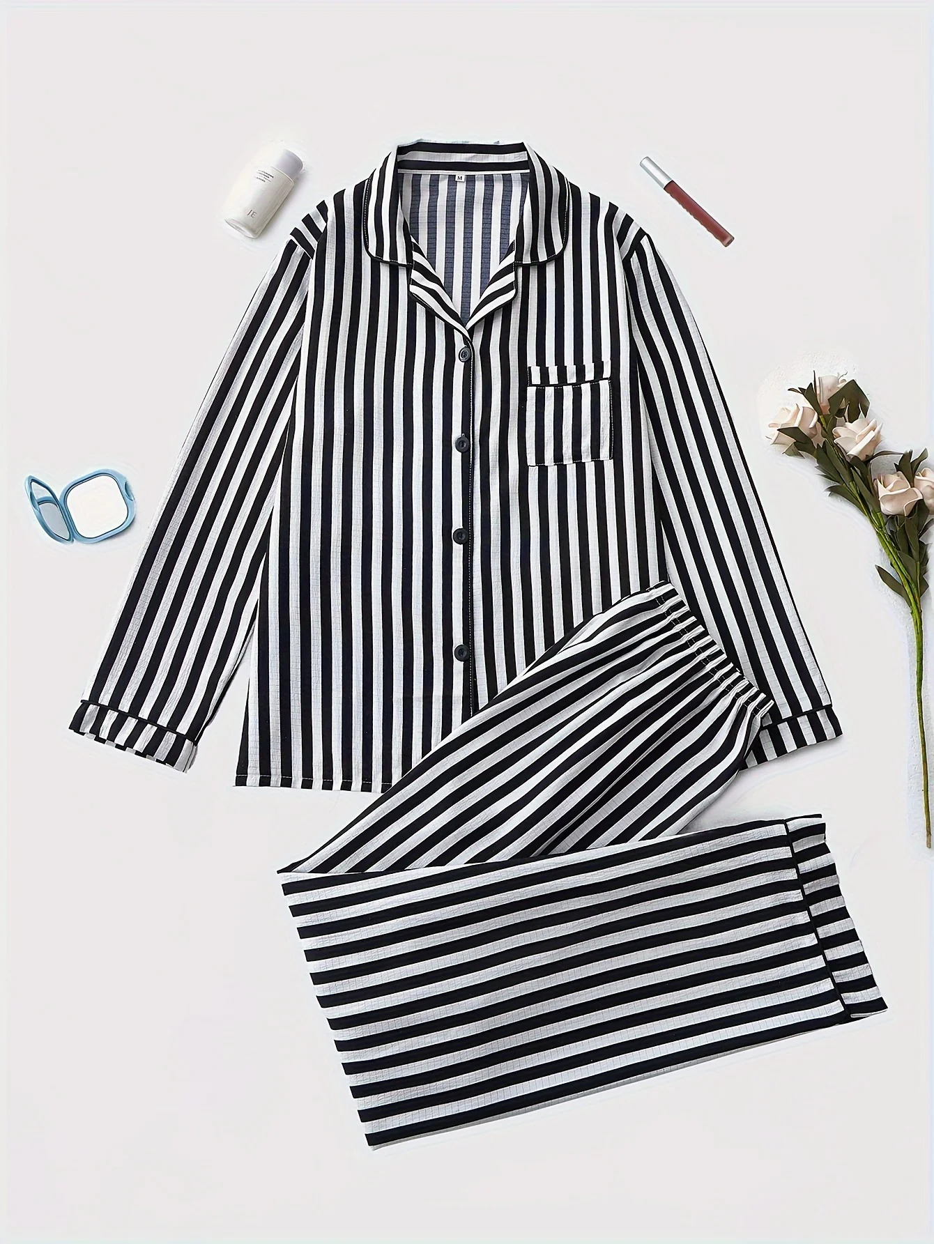 Elegant Striped Polyester Pajama Set for Women with Lapel Collar, Long Sleeve Button-Up Top, and Long Pants, Fall/Winter Woven S