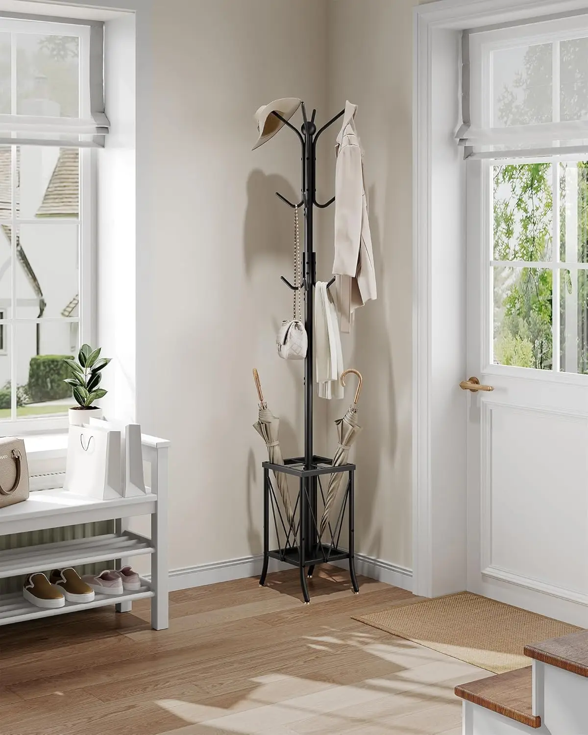 Coat Rack Freestanding, Coat Rack with Umbrella Holder, Entryway Hanger Stand with12 Hooks, Metal Hall Tree for Bags, Co