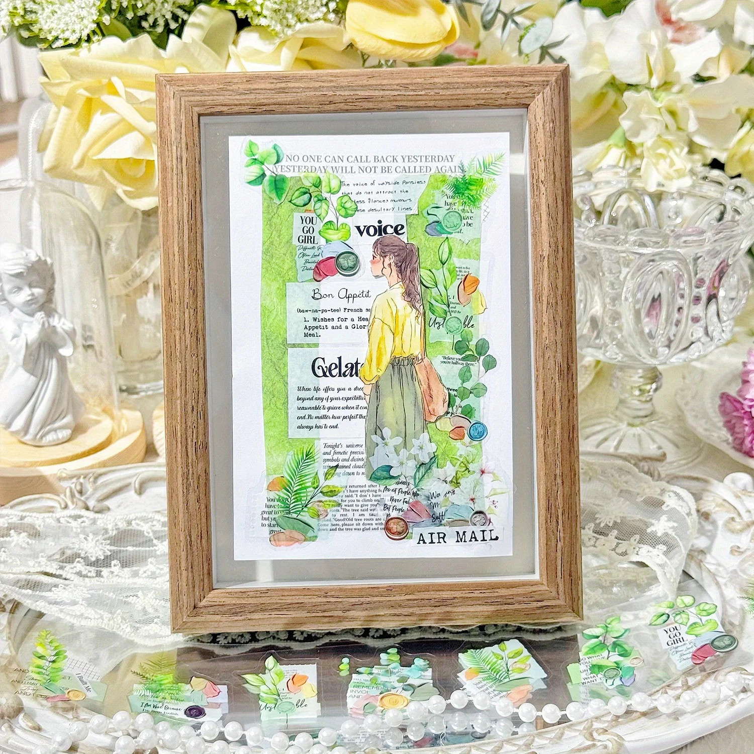 Cinta adhesiva de PET troquelada "Afecto Impreso" floral, diario de construcción de escenas y decoración de planificador, estética transparente, regalo de álbum de recortes DIY