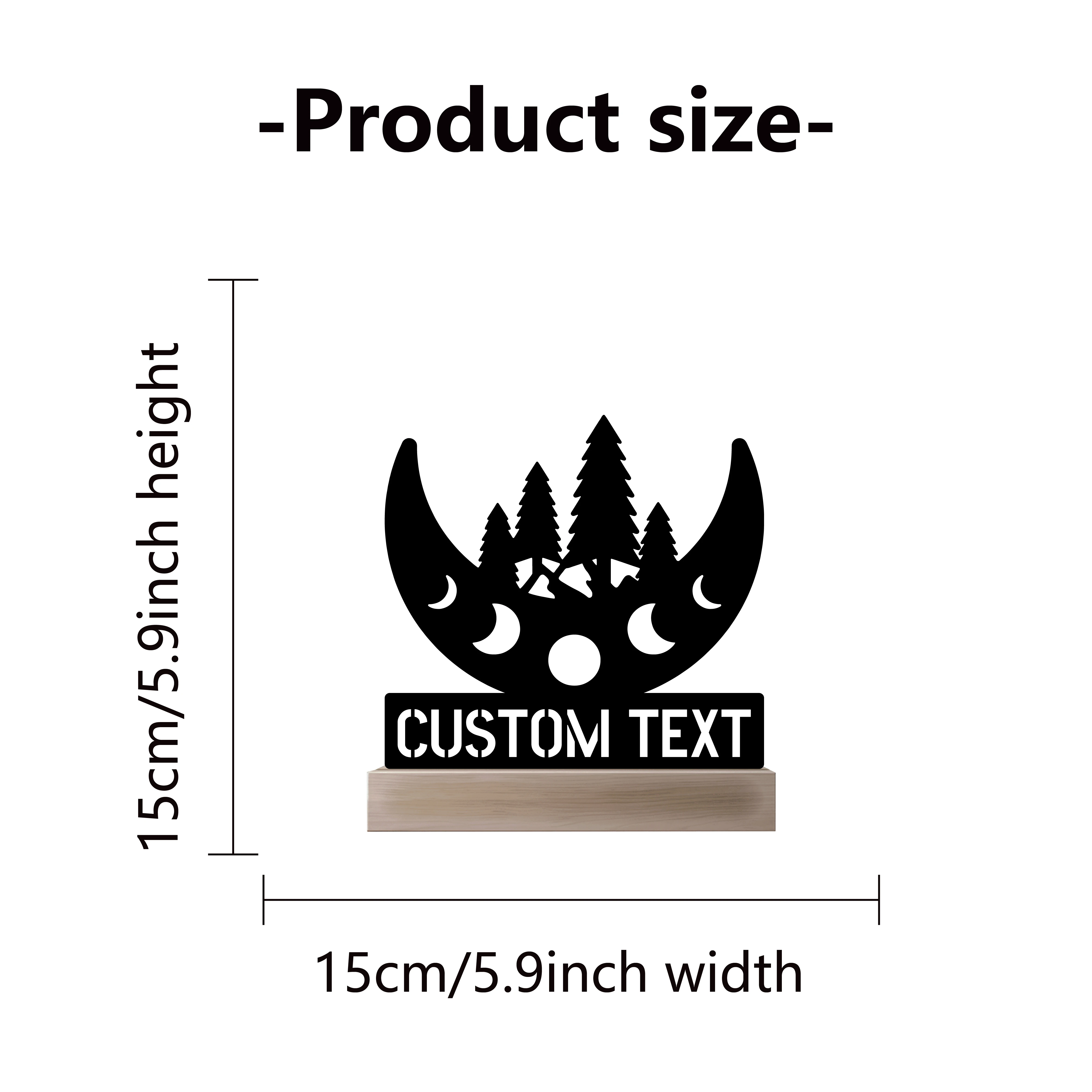 1pc luna fresca con foresta Nome personalizzato Statua di latta Ornamento in metallo con base in legno Scultura in ferro Artigianato con base in legno Ufficio