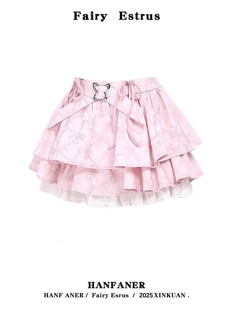 

Dopne Pink Bowknot f Skirt Women Summer Y2K Spicy ort Fluffy Cake Skirt Sweet Cool Korean Sle Baking Dert Skirt
