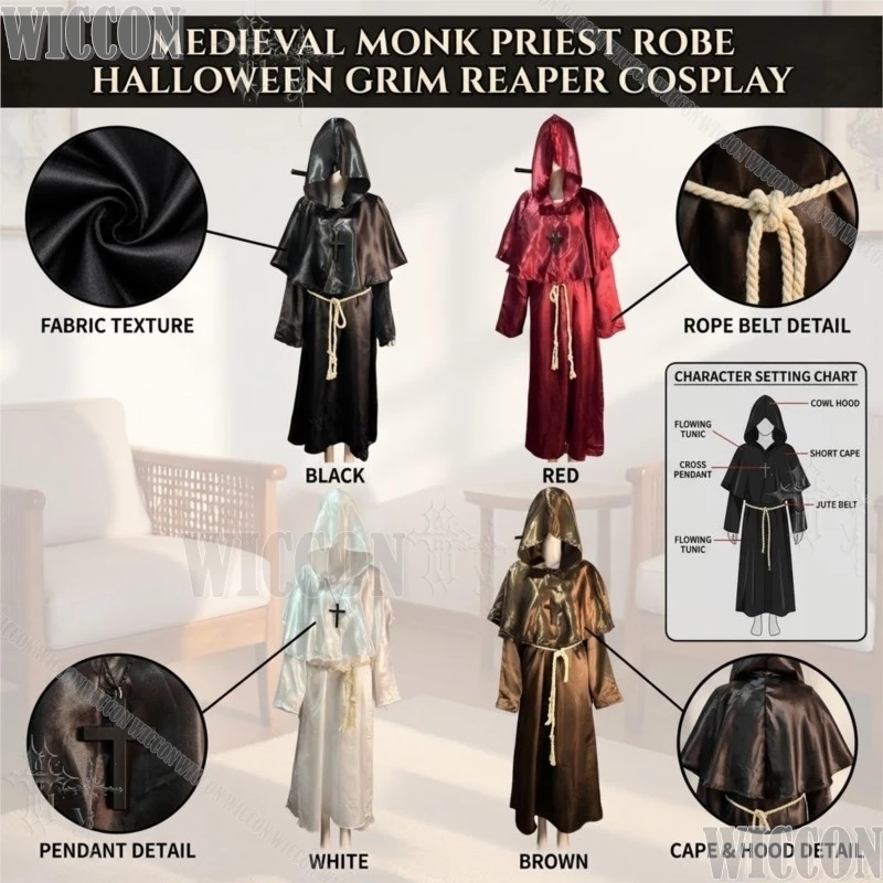 ​ ​ Disfraz de Fraile Medieval para Hombre, Conjunto de Cosplay de Mago, Sacerdote, Padre, Ceñudo Ceñudo, Capa de Halloween para Comic Con, Fiesta Temática o Escenario ​