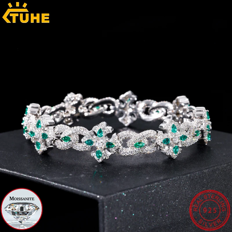 TUHE High Quality Iced Out Flower Bracelet VVS1 Moissanite S925 Chain Pass Test For Men Women Hip Hop Jewelry Gift