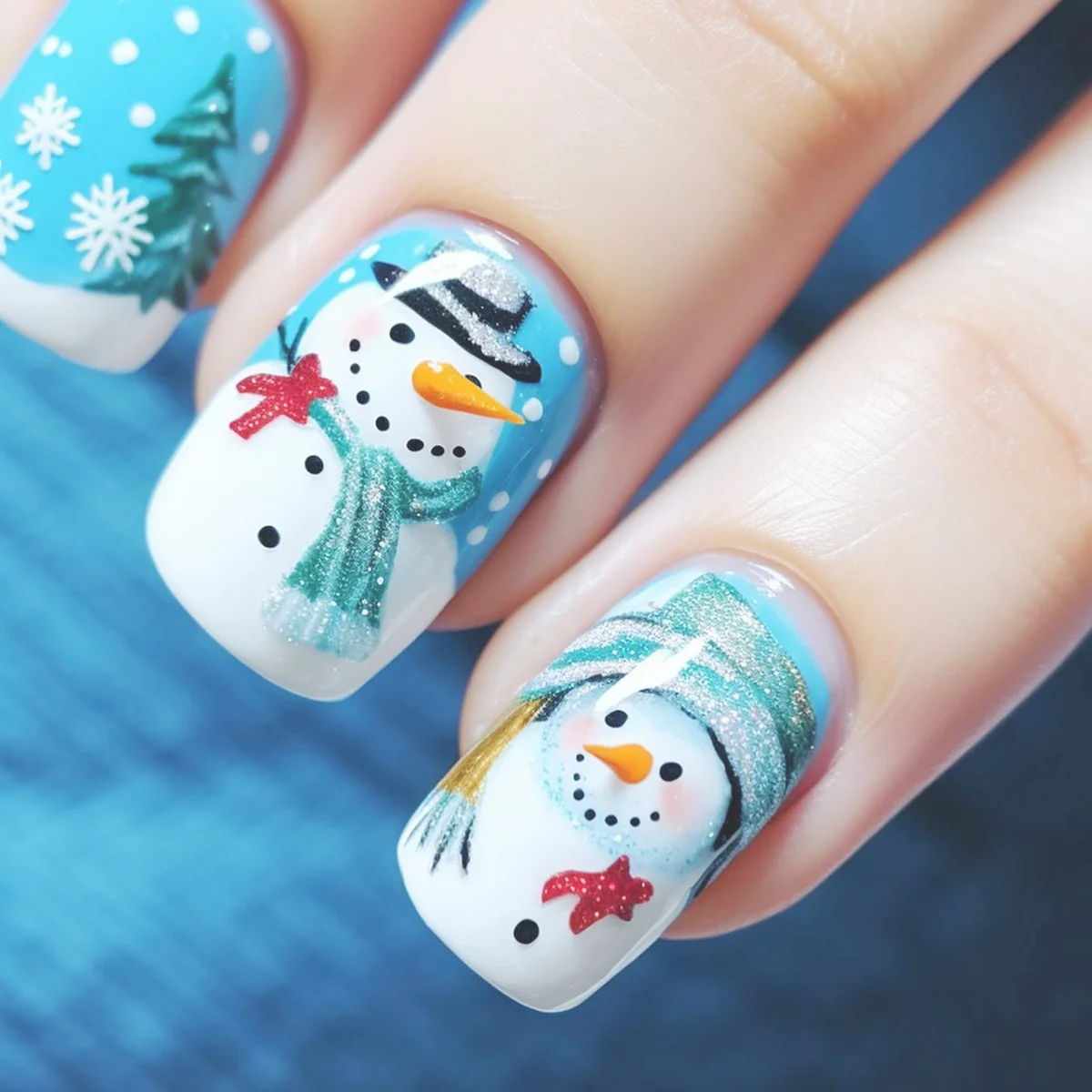 24pcs Blue White Christmas Fake Nails Cute Cartoon Snowman Xmas Tree Designs Short Sqaure Press On Nail Daily Party False Nails