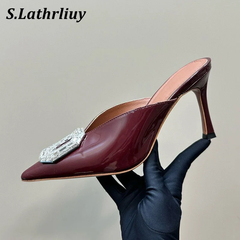 

Summer Pointed Toe Rhinestone Half Slippers Women Thin High Heels Sandals Patent Leather Lazy Mules Shoes Sexy Party Dress Shoes