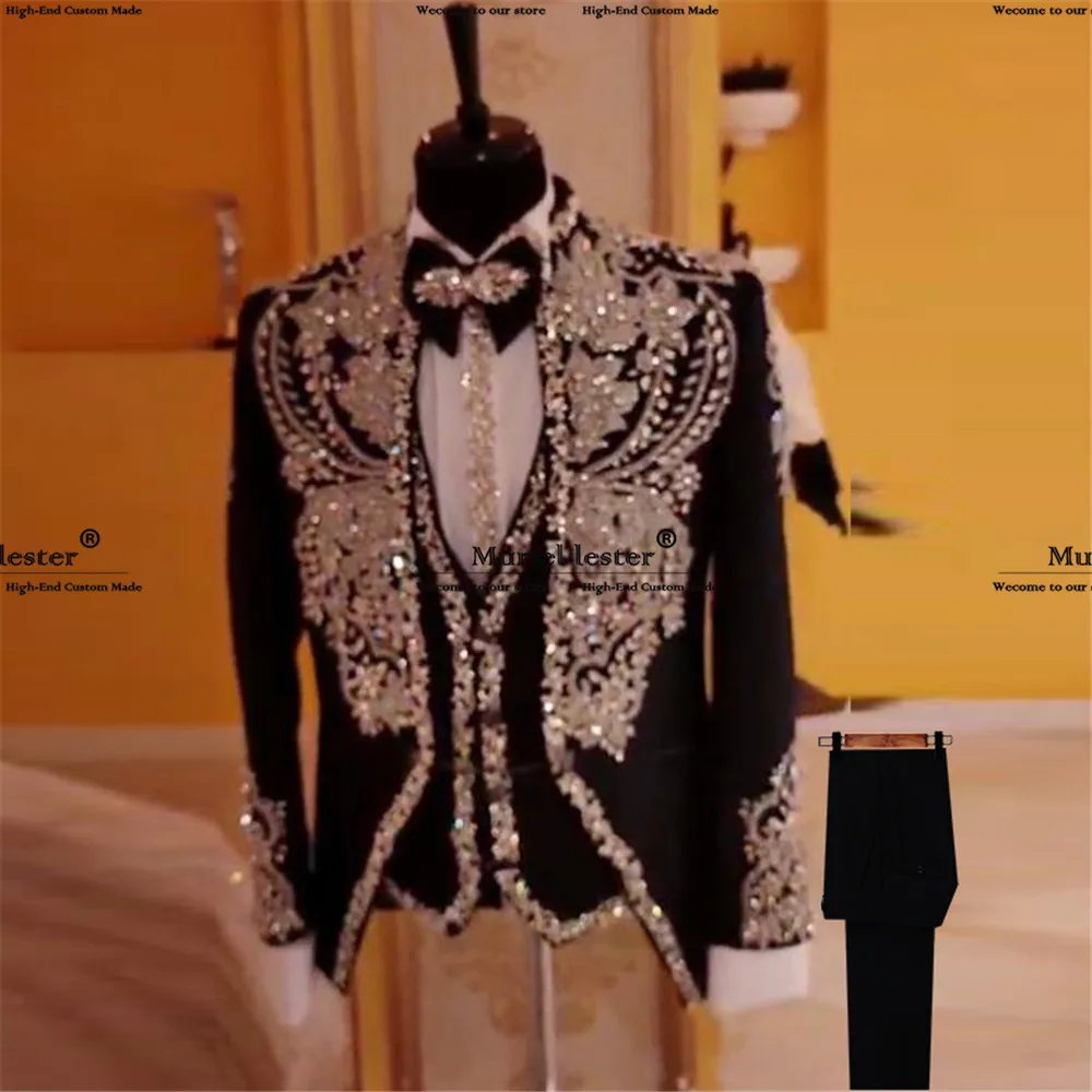 Customized Diamond Beaded Men Suits Groom Wedding Tuxedos 3 Pieces Sets Man Fashion Bridegroom Prom Blazers Slim Fit Ropa Hombre