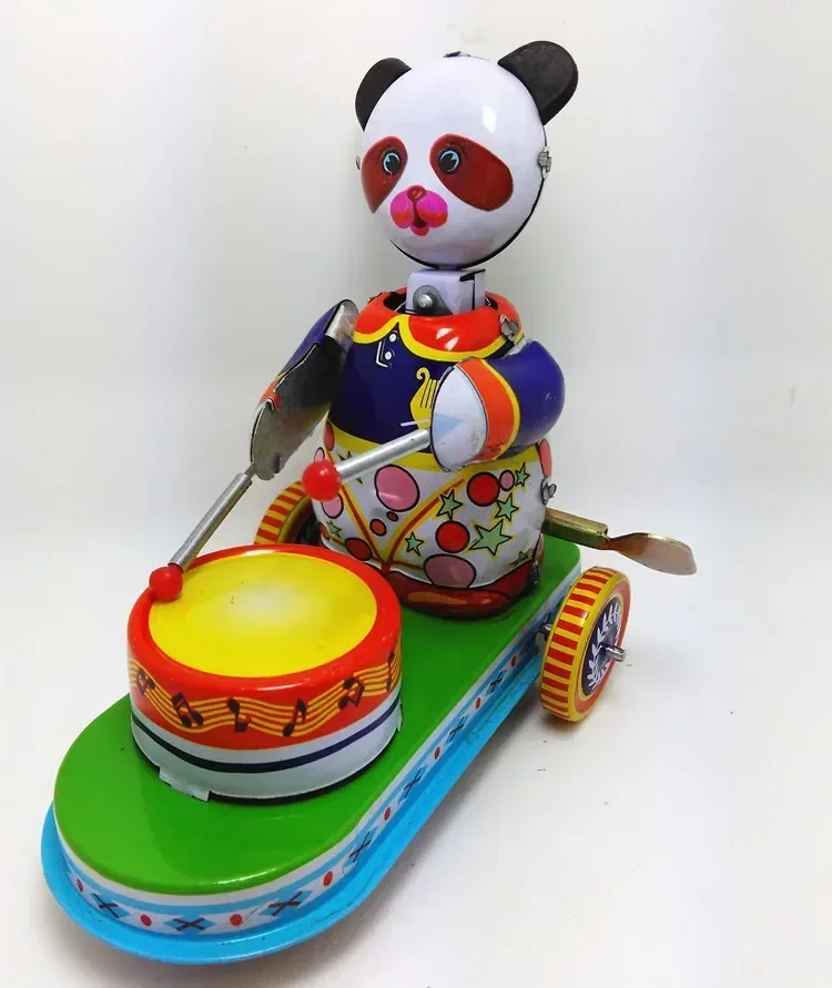 [Funny] Adult Collection Retro Wind up toy Metal Tin drumming animal panda car Mechanical Clockwork toy figures model kids gift