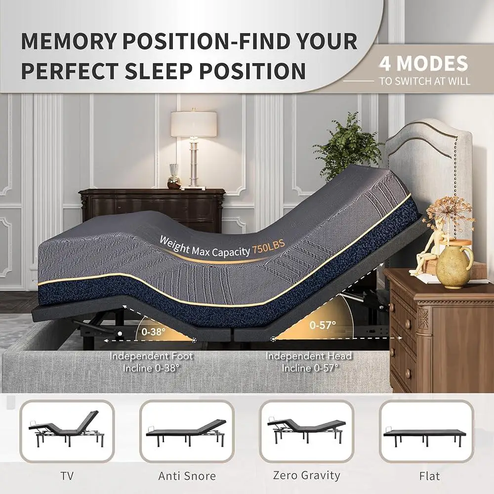 Rangka Tempat Tidur Dapat Disesuaikan dengan Kasur Busa Memori Gel Tembaga Jarak Jauh Nirkabel Kemiringan Kaki Kepala Kapasitas 750lbs Perakitan Mudah