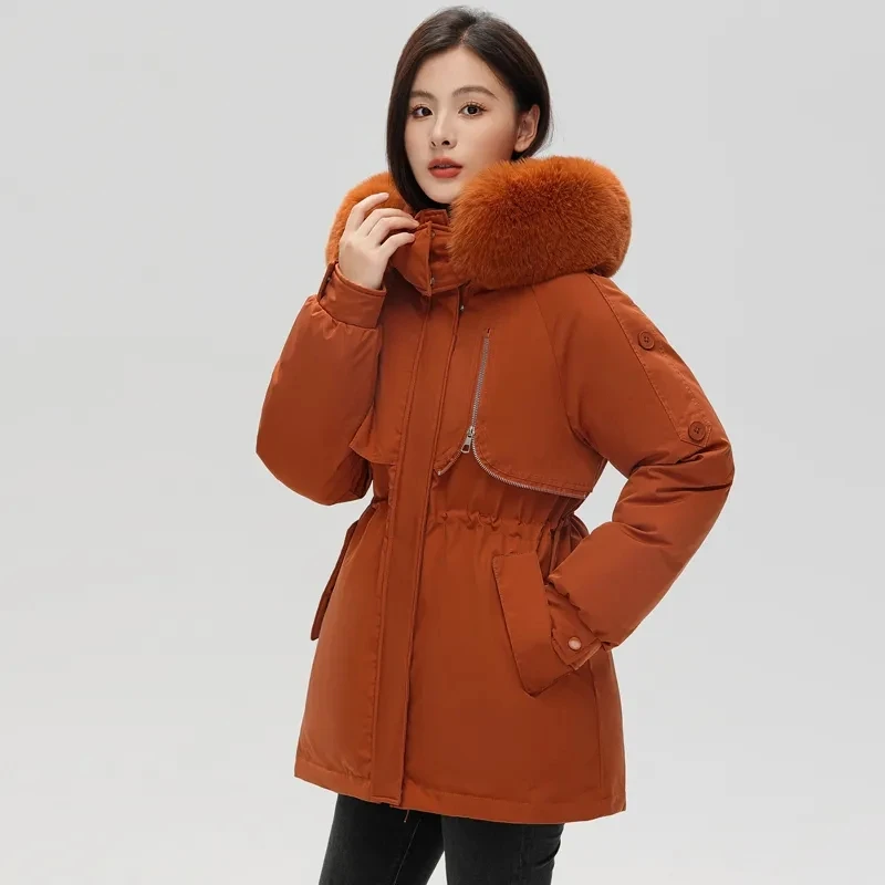 2023 New Winter Jackets Women Parka Thicken Warm Jacket Big Fur Collar Hooded Fur Lining Parka Coat Drawstring Slim Clothes