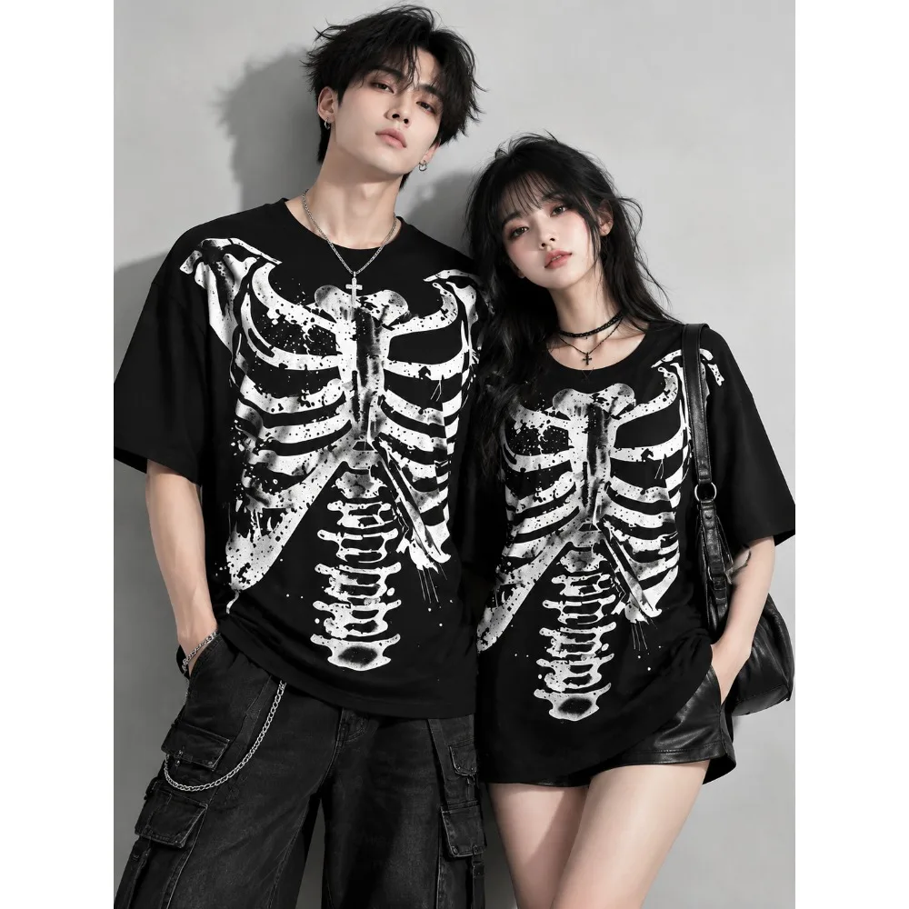 2026 Couple's Halloween Skeleton Rib Pattern T-shirt Y2k Alt Goth Punk Twisted Skull Print Short Sleeve Casual Daily T-shirt