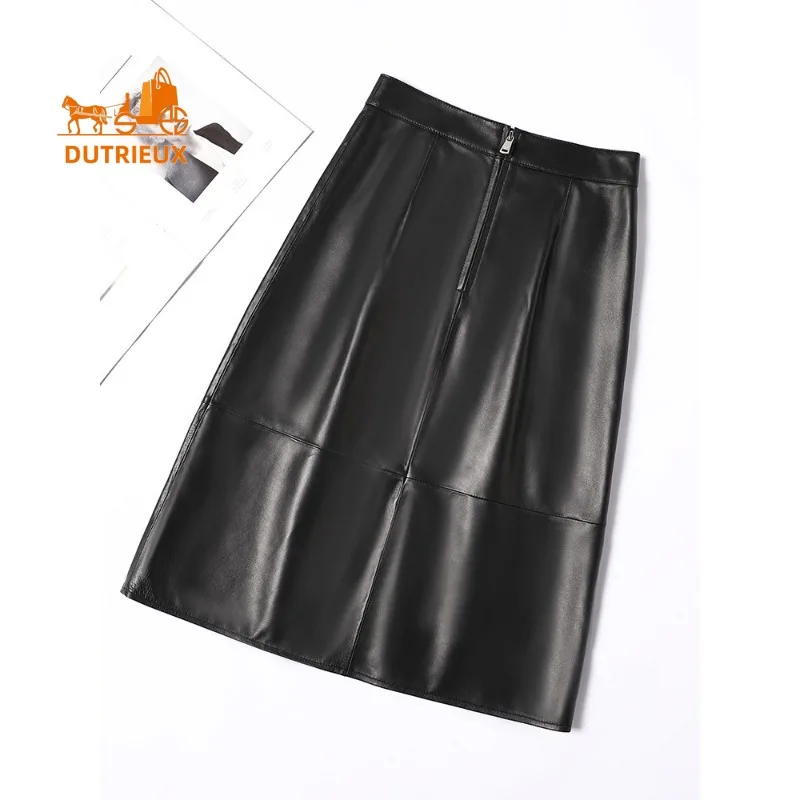 New Winter Genuine Leather Skirt for Women, High-end Sheepskin Elegant Mid-length Skirt High Waist Cowhide A-line Skirt for Work