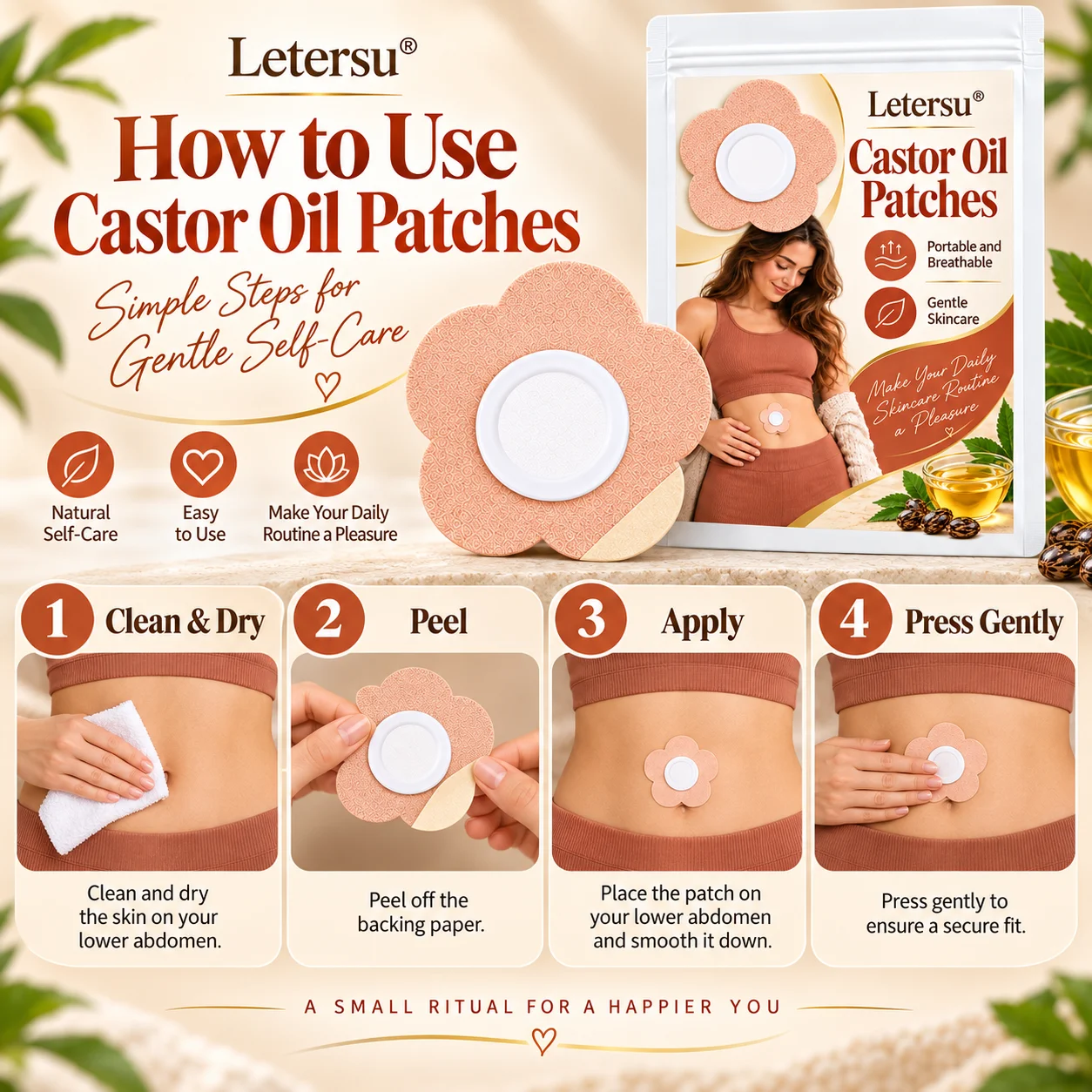 50PCS Castor Oil Body Patches, Flower Shape Belly Care Pads, Portable Breathable Skin Care Stickers for Daily Routine