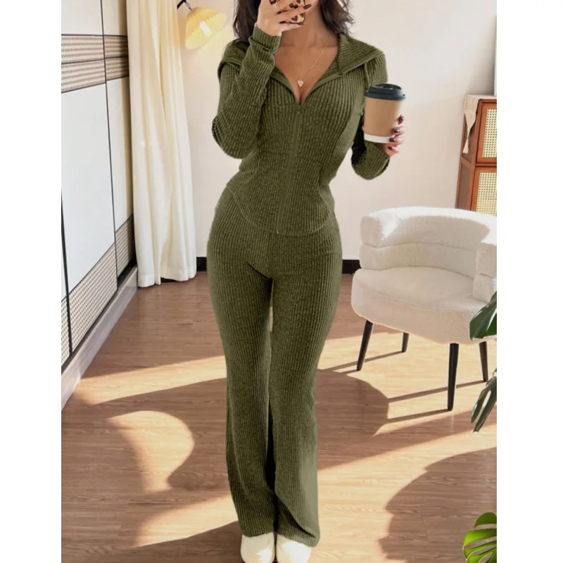 2025 بلون عادية سليم المرأة قطعتين مجموعات أنيقة الخريف كامل بنطلون مجموعة الإناث السراويل مجموعات الزي الملابس #5