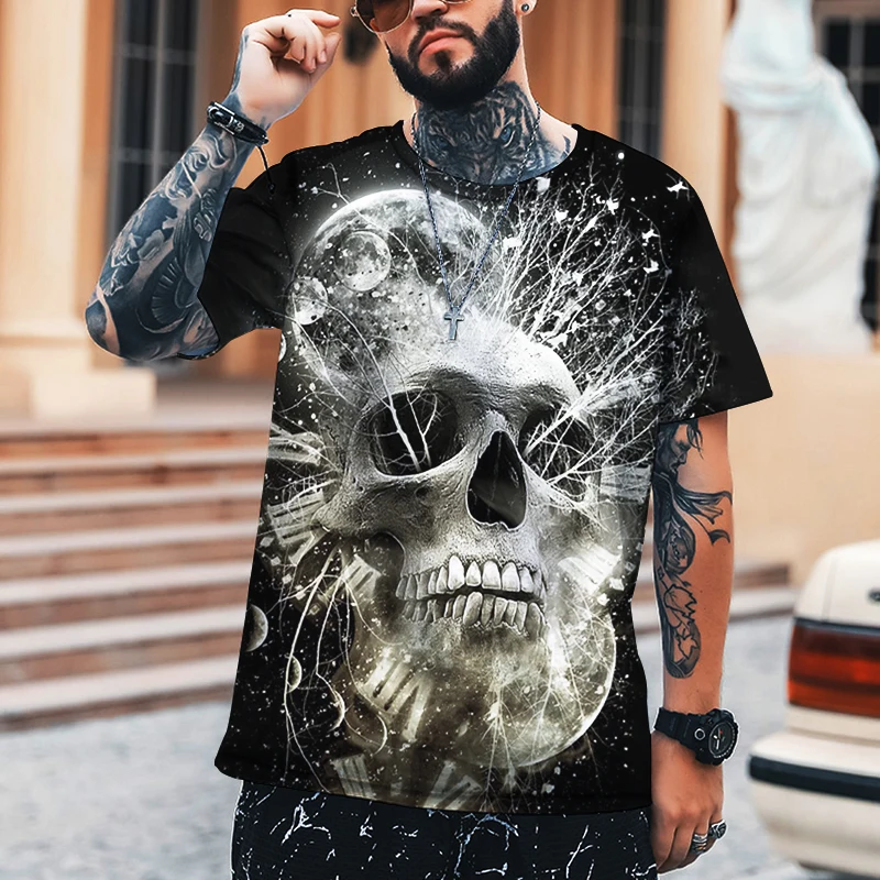 الربيع الصيف 2022 الرجال ثلاثية الأبعاد تي شيرت مطبوع 100% لايكا البوليستر الرعب الجمجمة نمط يدعم حجم الدهون S-5XL 2022 العلامة التجارية تي شيرت