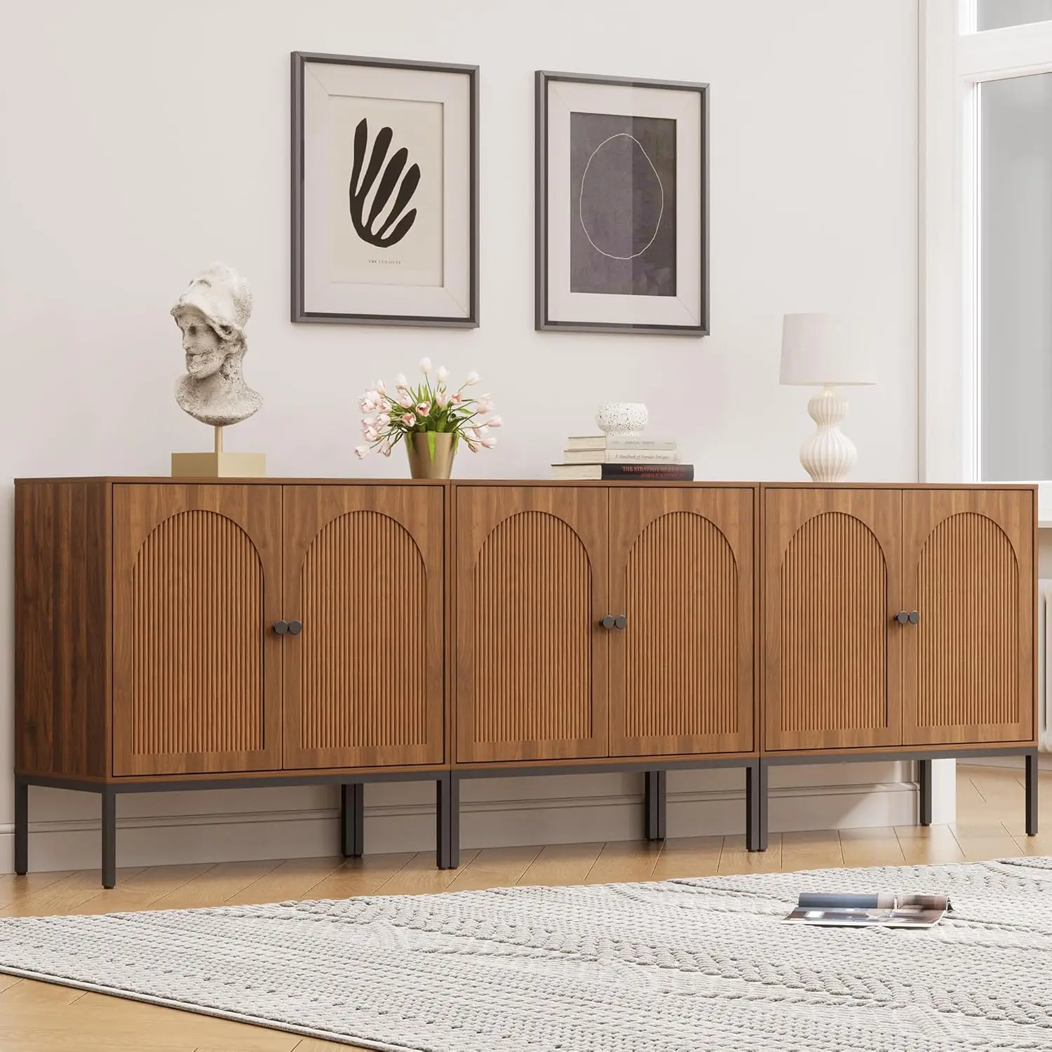 

94.5in Walnut Sideboard Buffet Credenza Modular Storage Arched Fluted 2-Door Hallway Office, Customized