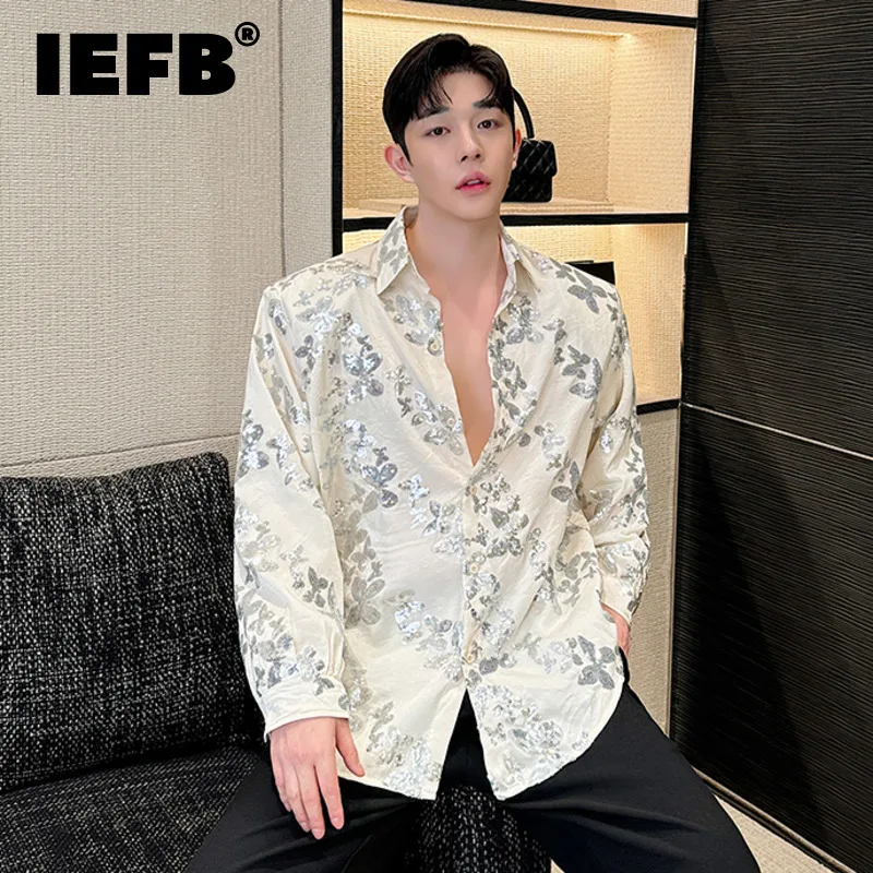 

IEFB New Fashion Men's Long Sleeve Shirt Sequin Butterfly Bead Shirt Lapel Single Breasted Men Clothing 2024 Autumn 9C7230