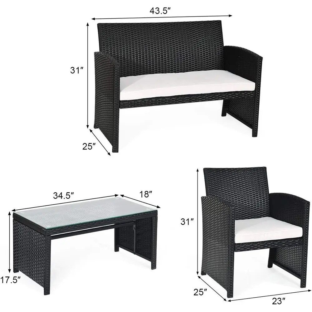 White Outdoor Wicker Sofa Set with 4 Seats and Tempered Glass Table for Patio Conversation Area