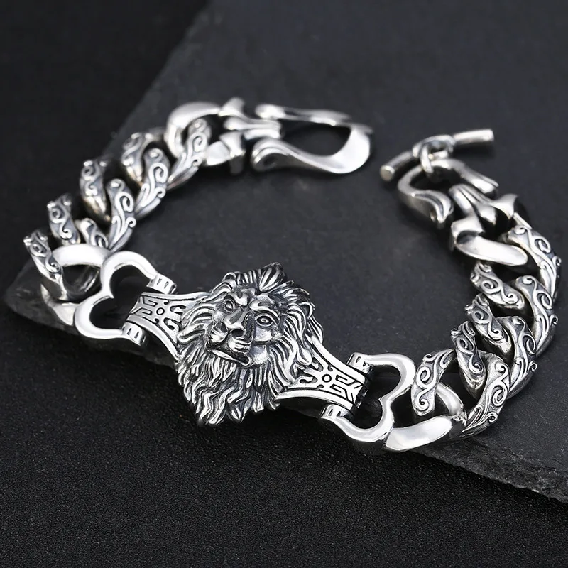 s925 sterling silver ornament retro personality all match trendy fashion Thai silver domineering lion's head bracelet for men