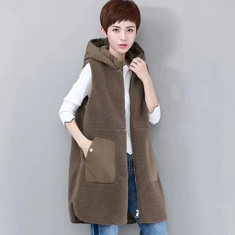 

2024 New Add Cotton Padded Vest Coat Women Autumn Winter Hooded Waistcoat Fashion Long Loose Cotton Vest Jackets Wool Vests