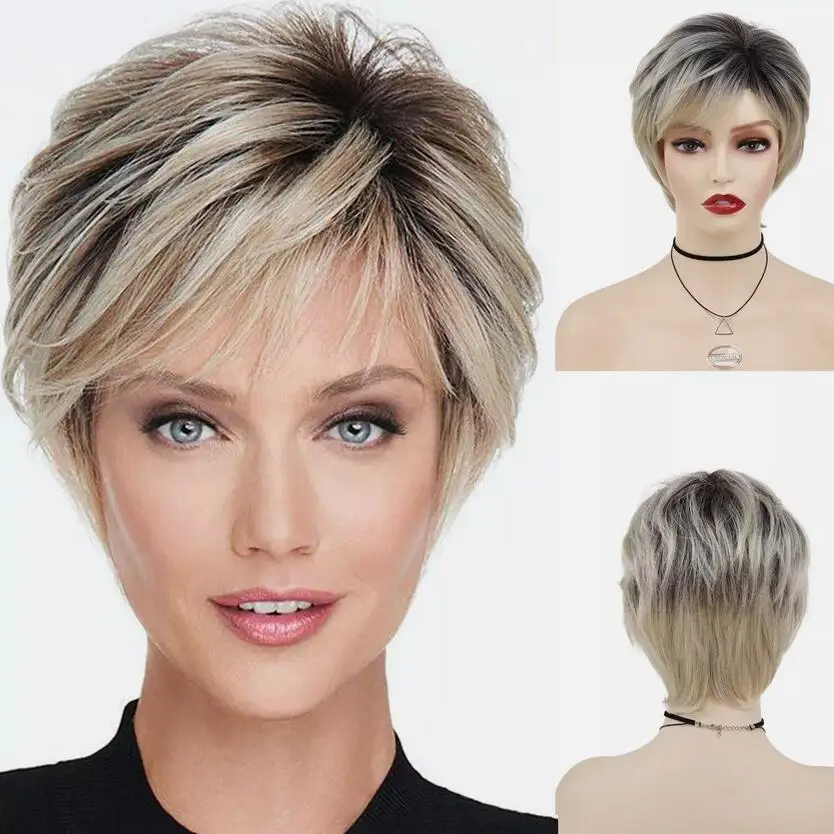 White Women Short Ombre Blonde  Cut Wigs Synthetic Short Hair Layere