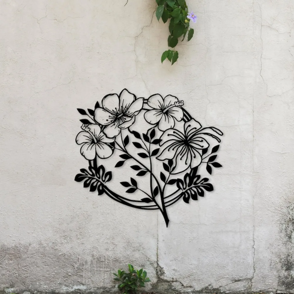 CIFBUY Wrought Iron Hibiscus Wall Art, Tropical Flower Metal Decor, Black Cutout Boho Accent for Patio Living Room Entryway Gift
