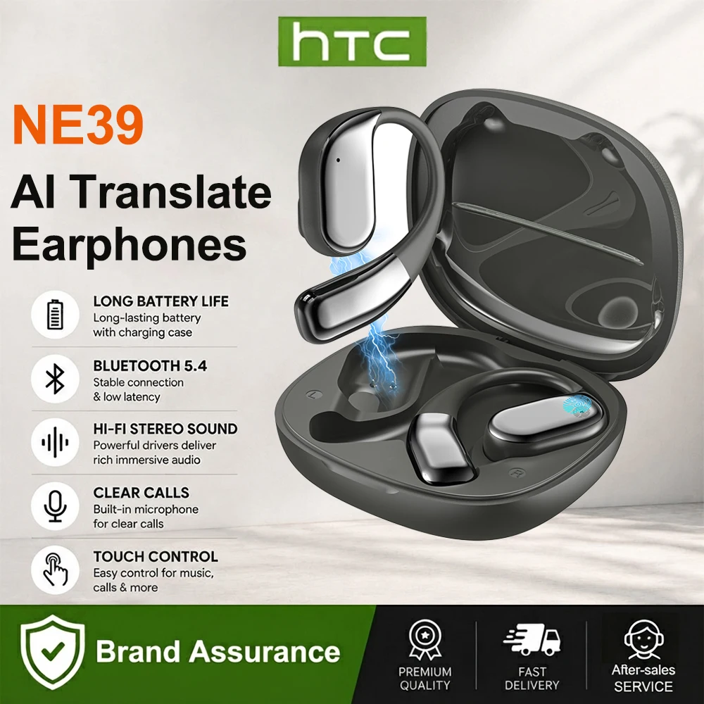 Casque Traducteur AI à Oreille Ouverte HTC NE39 Amélioré, Traduction Bidirectionnelle en Temps Réel, Écouteurs Bluetooth Sans Fil pour Voyage