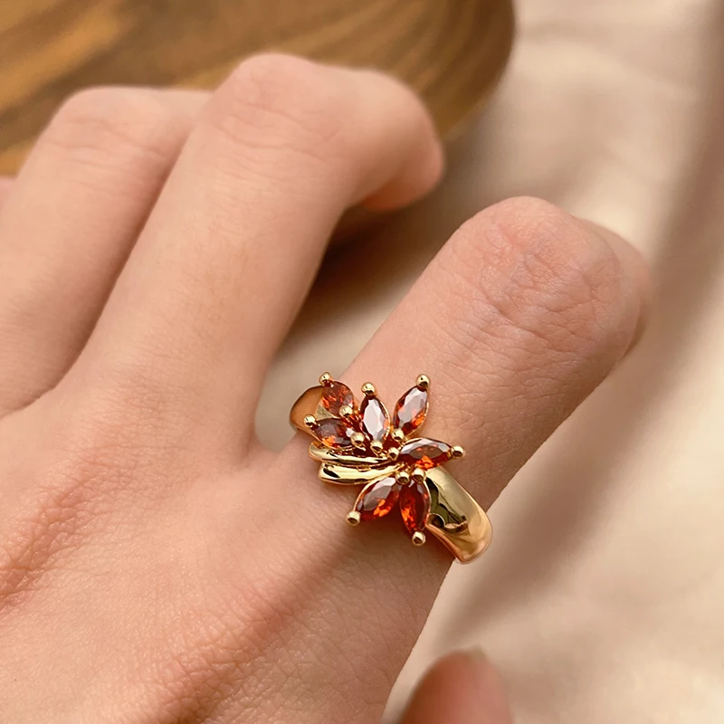 Kinel New Red Natural Zircon Flower Ring for Women 585 Rose Gold Ethnic Bride Rings High Quality Daily Fine Vintage Jewelry