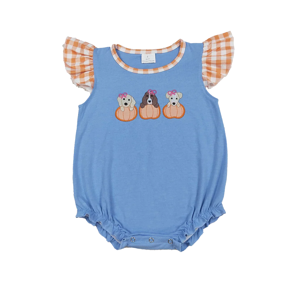

9.13 Baby Girls Summer Rompers Embroidery Dogs Pumpkins Baby Girls Flutter Sleeves Fall Rompers