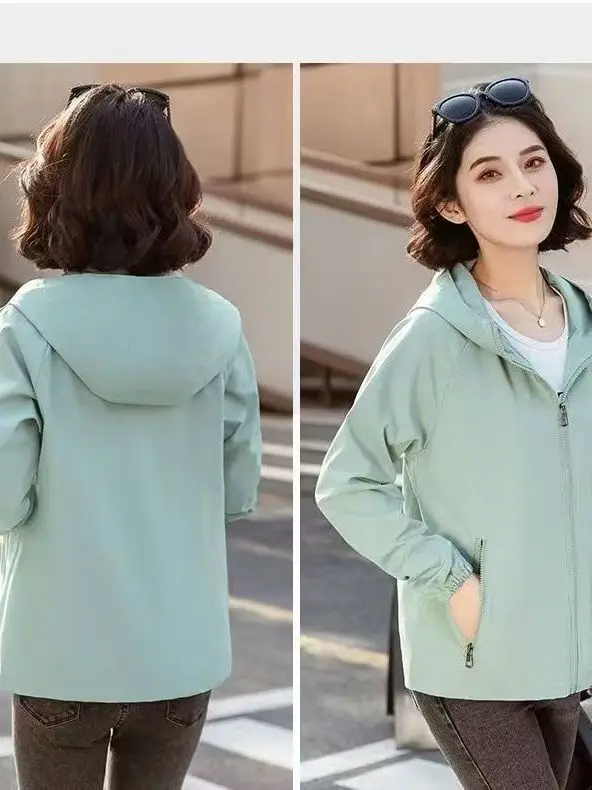Casaco Feminino Solto e Fashionável de Primavera e Outono, Jaqueta Fina de Duas Camadas com Capuz, Impermeável, em Poliéster e Nylon