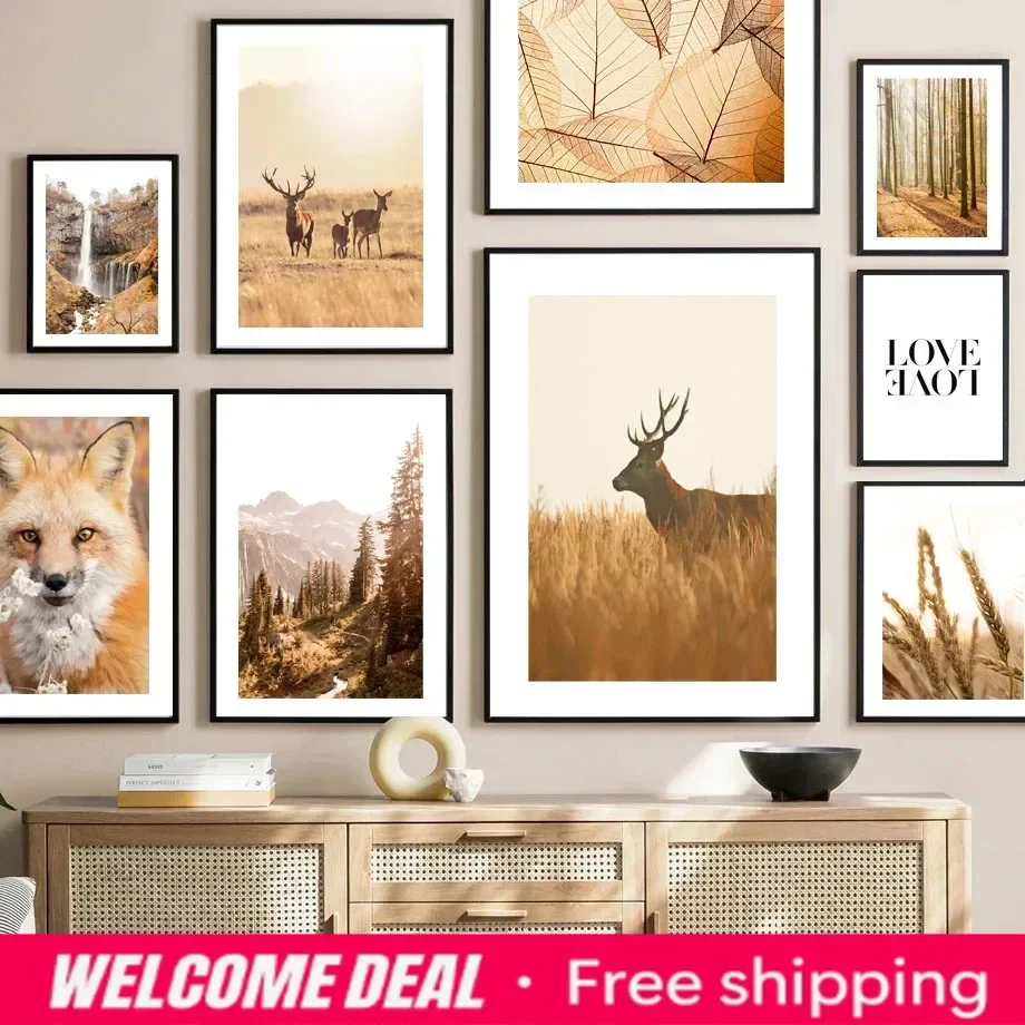 2026  Autumn Wheat Squirrel Forest Fox Reindeer Posters Prints Canvas Painting Nordic Wall Art Pictures for Living Room Home