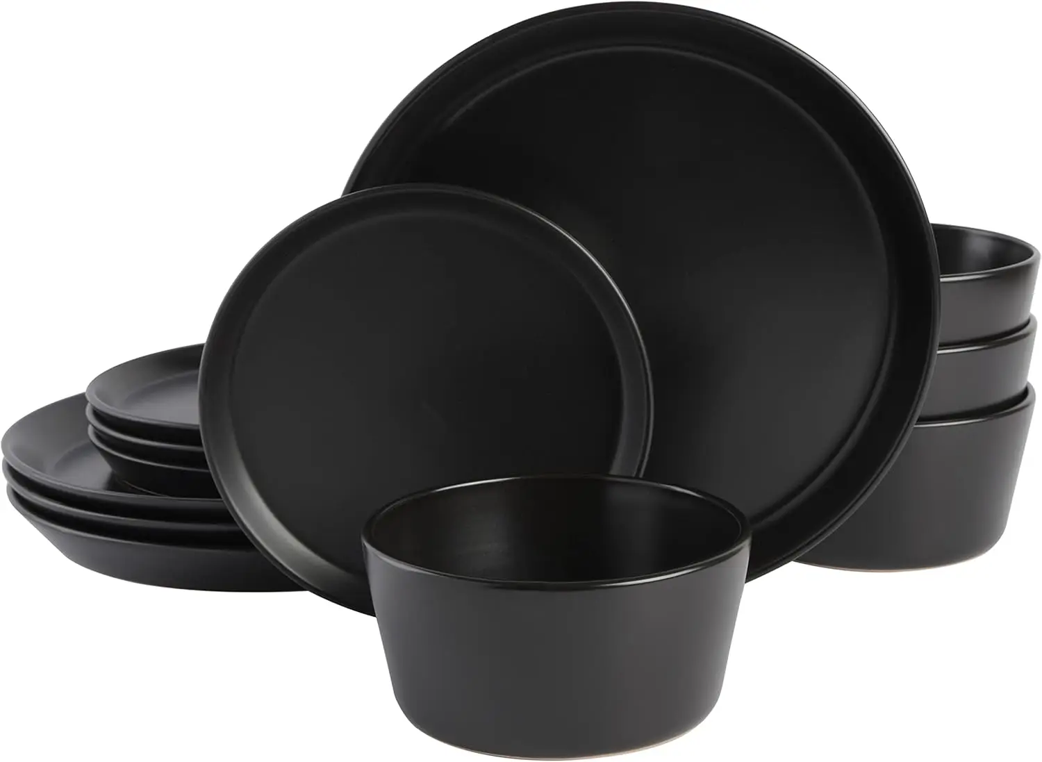 

Sofia Coupe 12-Piece Stoneware Dinnerware Set, Service for 4 – Black Plates and Bowls