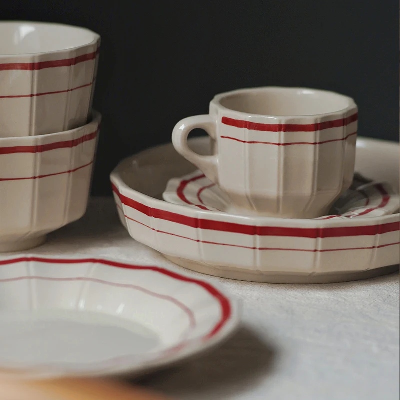 French Ceramic Breakfast Tableware Set Relief Red Edge Dessert Plate Rice Bowl Egg Holder High Foot Cup Coffee Mug Dish Cafe Tea