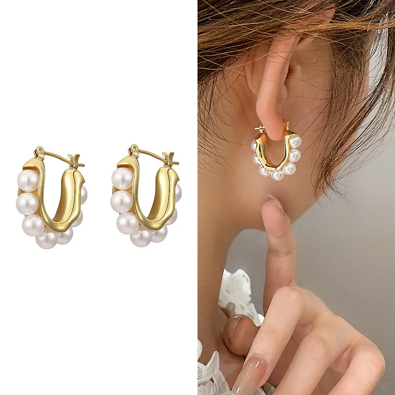 316L Stainless Steel 2024 New Fashion Fine Jewelry Japanese Elegant Style Horseshoe U-Shape Embed Pearls Stud Earrings For Women