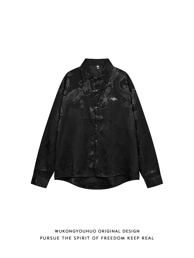

New Chinese Style Long Sleeve Shirt with Dragon Pattern Embroidery Metal Button Unisex Retro Casual Zhongshan Coat Jacket