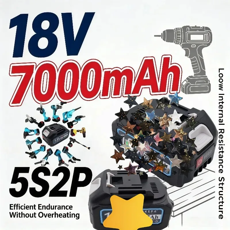 18V 7000mAh High‑Performance Compatible Battery, 5S2P Cell Setup, Low Internal Resistance, Efficient Runtime & Cool Operation