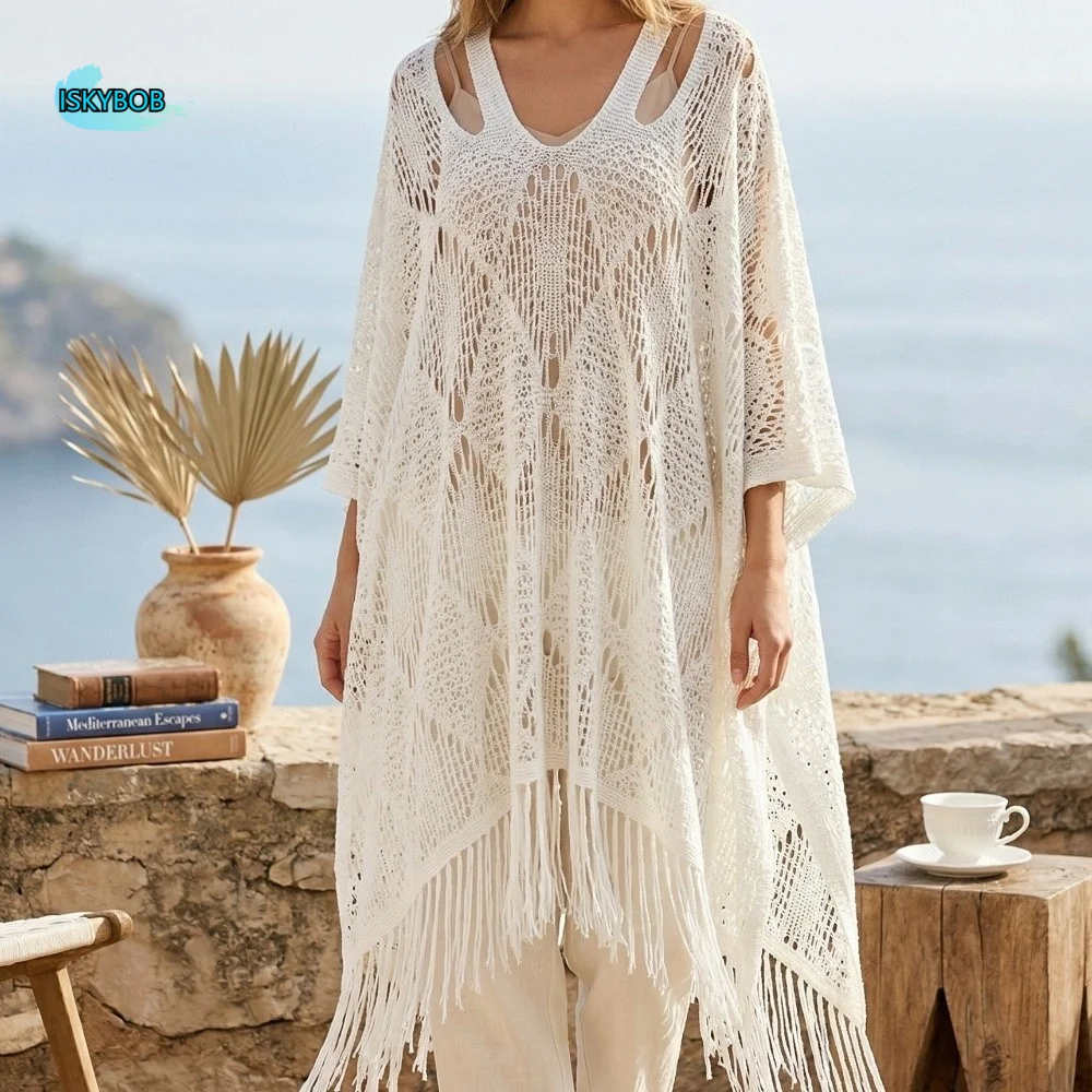

Comfortable Sun Protection Bohemian Shawl Plus Size Tassels Crochet Top Women Beach Wear Loose Summer Beach Cloak Women