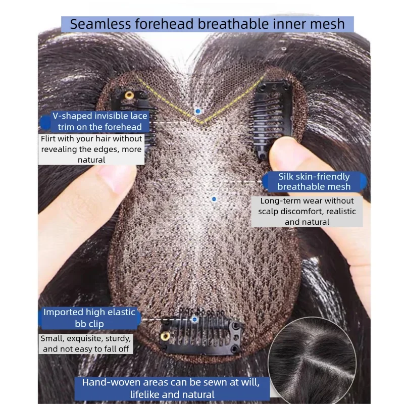 100% Real Human Hair Topper for Women 8x11cm Invisible Lace Toppers with 3D Bangs Clips in Hairpieces for Volume Bald Coverage
