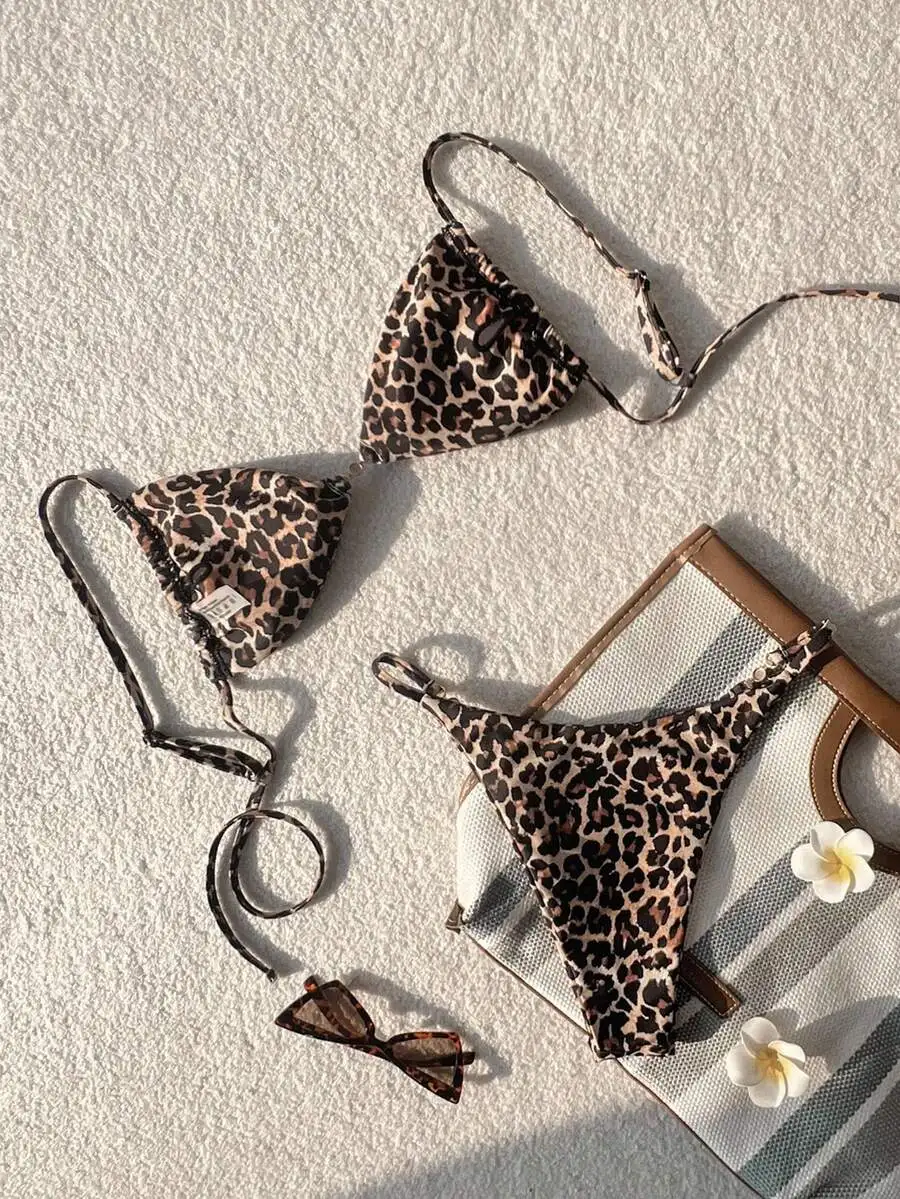 

Leopard Print Spaghetti Strap Bikini Set High Cut Bottoms Crop Top Summer Beachwear